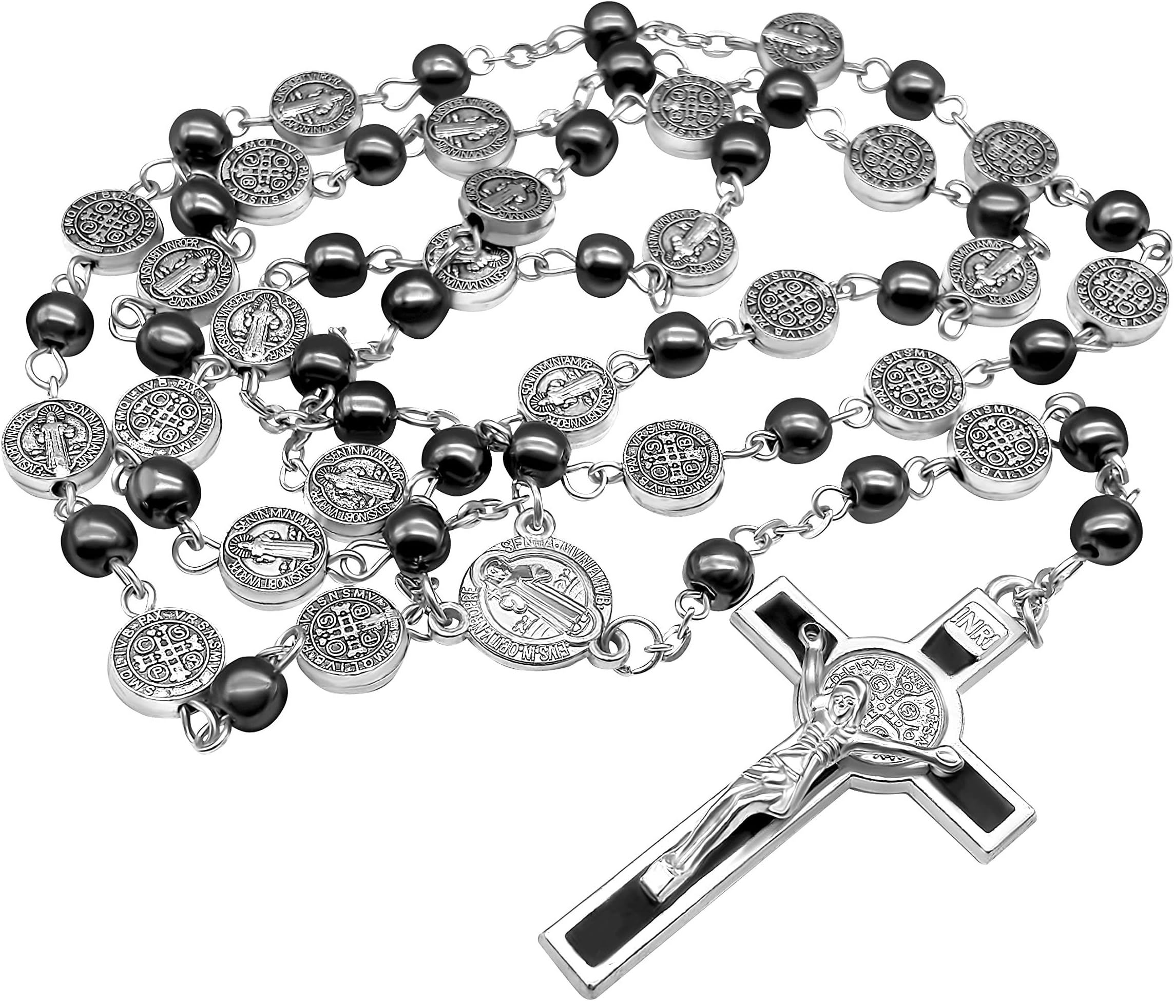 Nazareth Store ST Saint Benedict Hematite Rosary Metal Beads Catholic Necklace Stainless Medal and Cross Holy Prayer Rosaries For Men Women