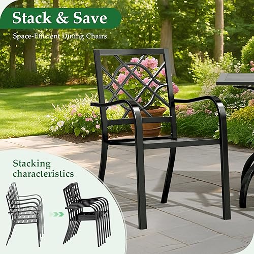 Miniatura 7 de Oakcloud 4 sillas de hierro forjado para patio, juego de comedor de metal para exteriores, sillas de bistró apilables con reposabrazos para jardín