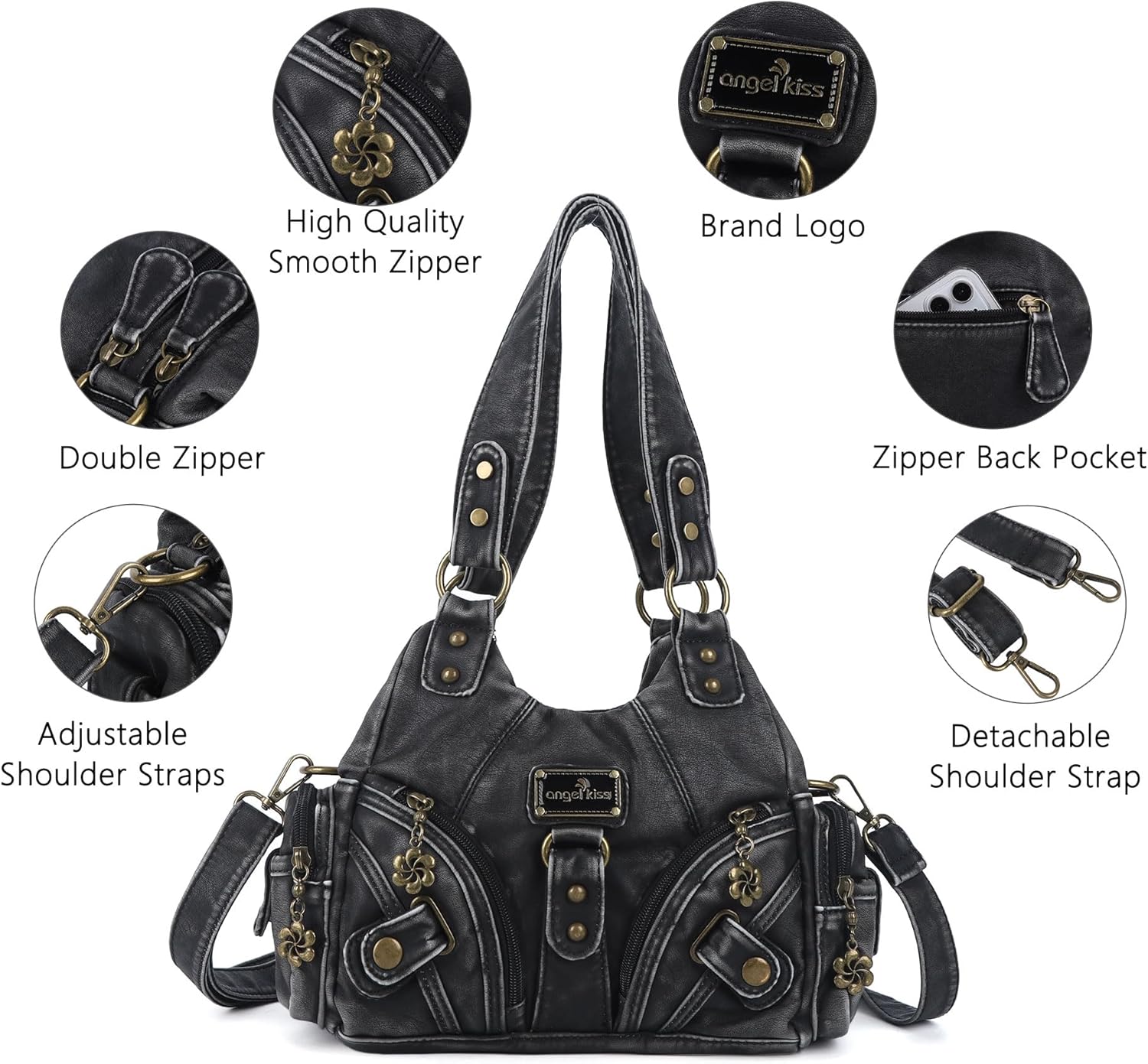 Angel Kiss Purses for Women Small Hobo Shoulder Bags Vagen Leather Multi-Pocket Tote Bag with Zipper - Image 5