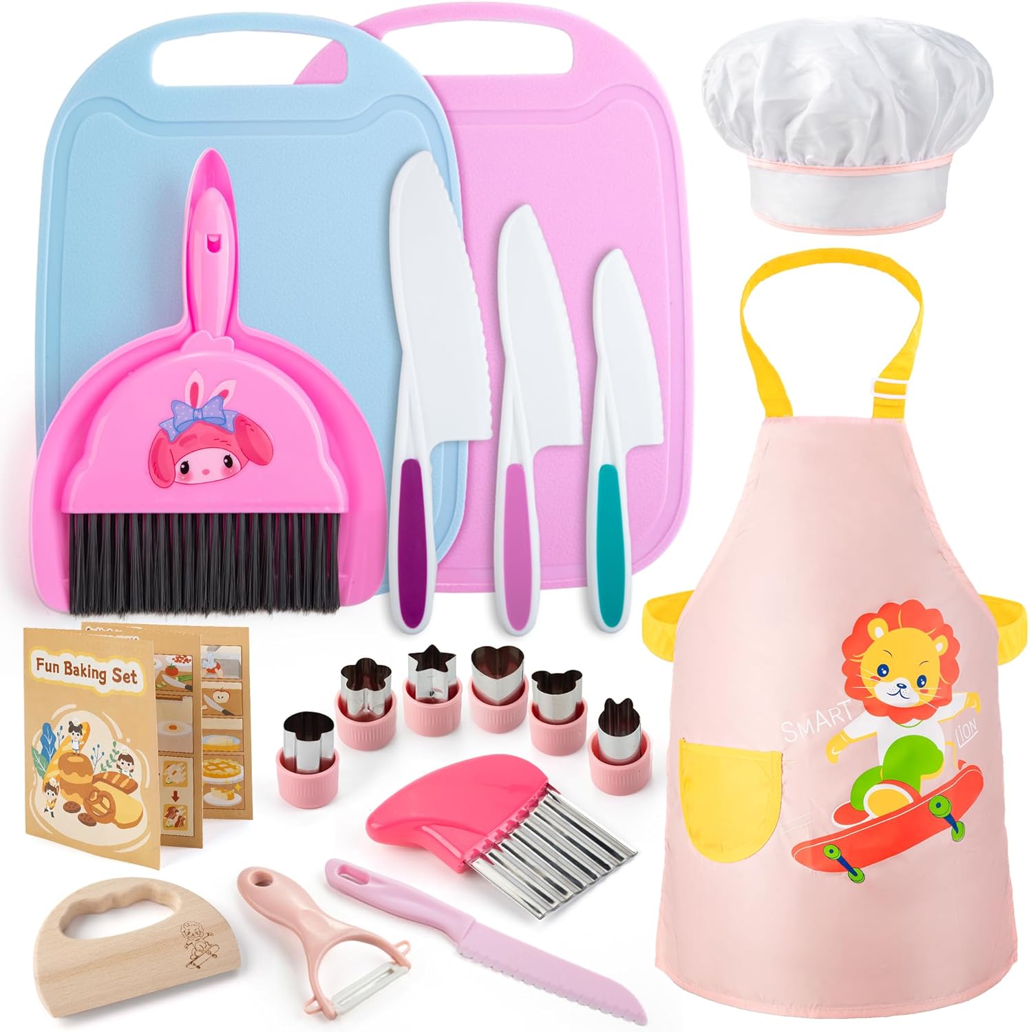 Juboury 20 Pieces Toddler Knife Set — Kid’s Kitchen Set for Real Cooking, Toddler Montessori Kitchen Tools with Knives Cutting Boards Cookbook Apron & Chef Hat and Cleaning Set