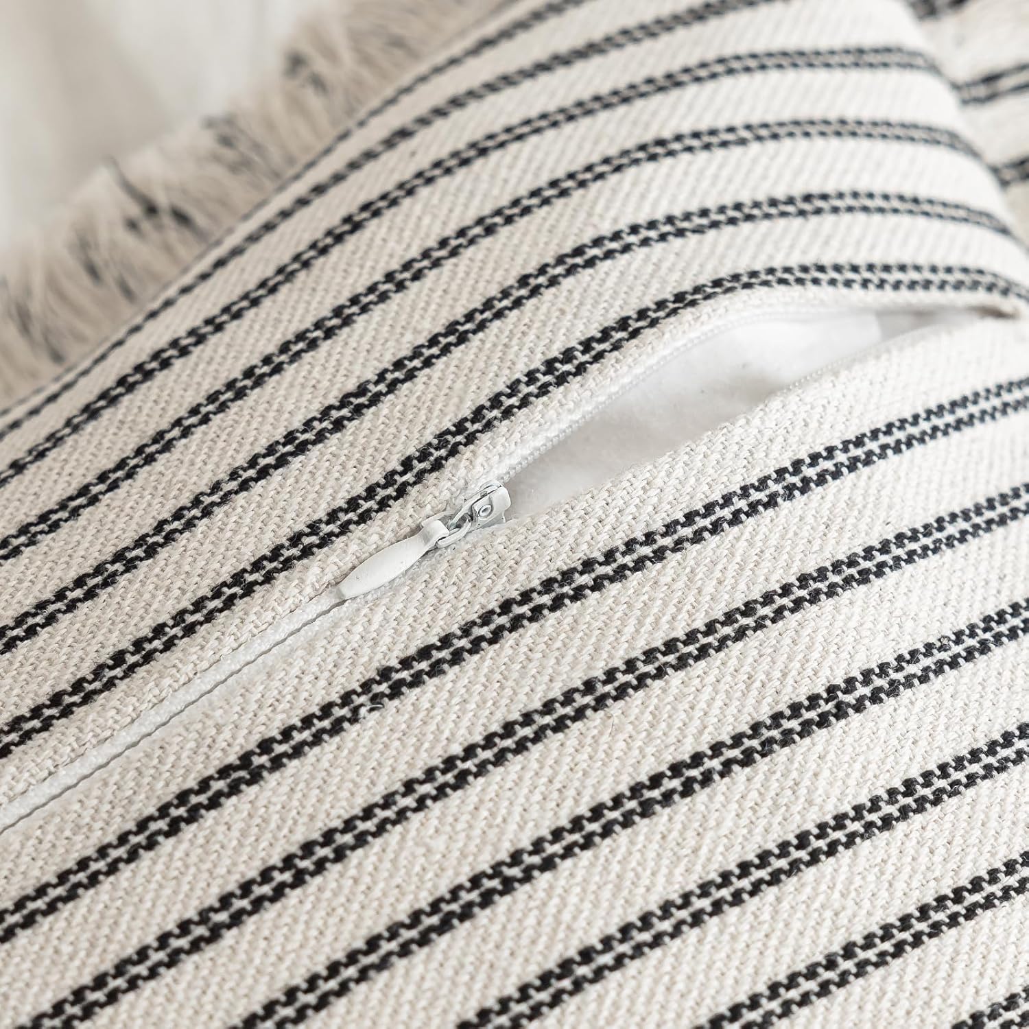 Throw Pillow Covers 18x18 Set of 2 Striped Fringe Pillow Cover Farmhouse Cushion Covers with Tassel Neutral Boho Pillows Decorative Square Pillowcase for Couch Sofa Bed, Black - Image 3