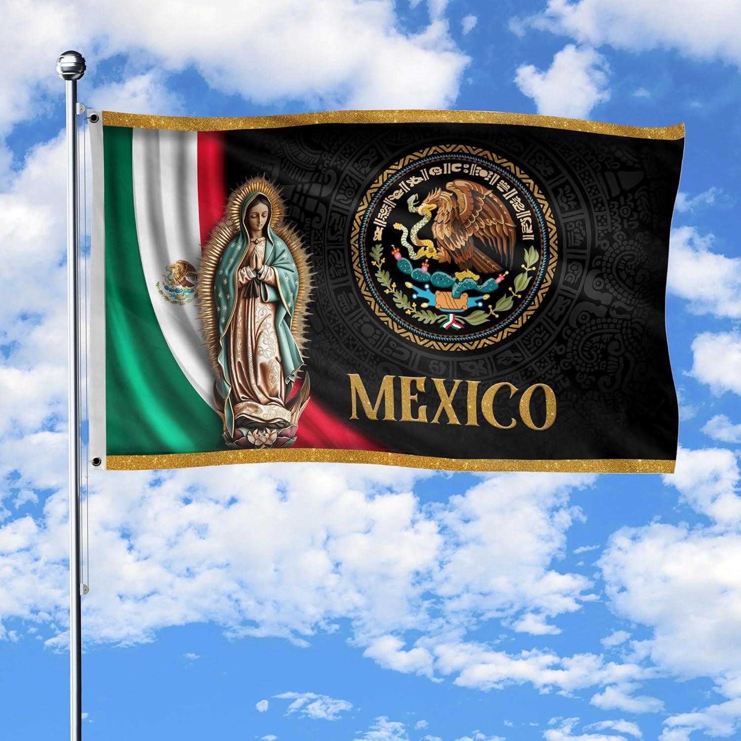 Mexico House Flag, Jesus Flags, Big Mexican Flag For Truck With Aztec Design, 3x5 Double Sided Mexico Flags, 2 Brass Grommets 7 (3x5ft)