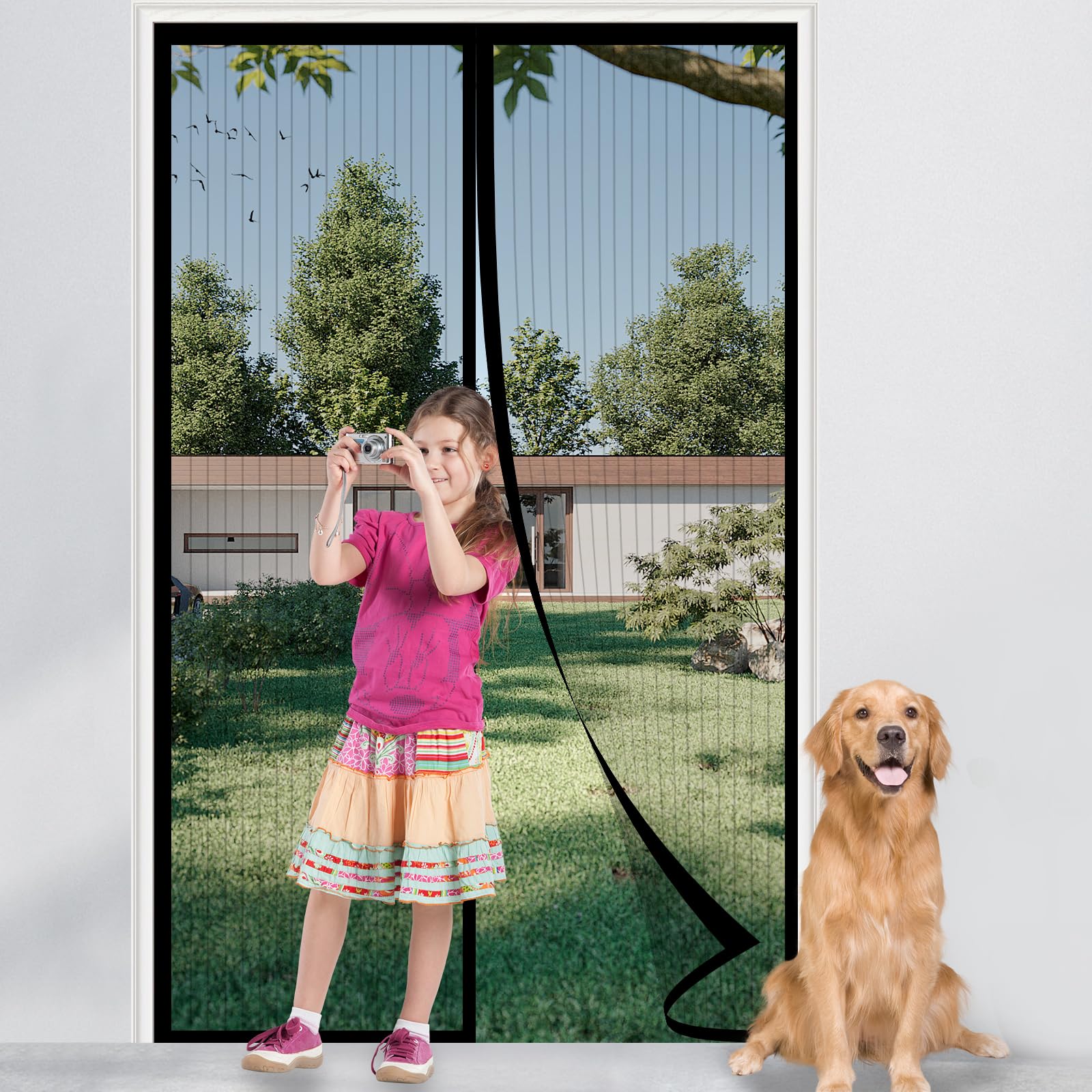Norvens Black Magnetic Screen Door, Fly Insect Screen Door Screen Mesh Curtain With Powerful Magnets And Full Frame Hook&Loop, Easy To Install, Insect Protection Door No Gap (, 100X210cm)