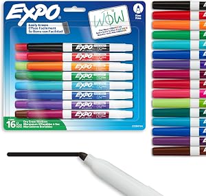 Expo Dry Erase Markers, Whiteboard Markers with Low Odour Ink, Fine Tip, Assorted Vibrant Colours, 16 Count