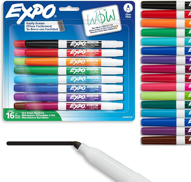 Expo Dry Erase Markers, Whiteboard Markers with Low Odour Ink, Fine Tip, Assorted Vibrant Colours, 16 Count