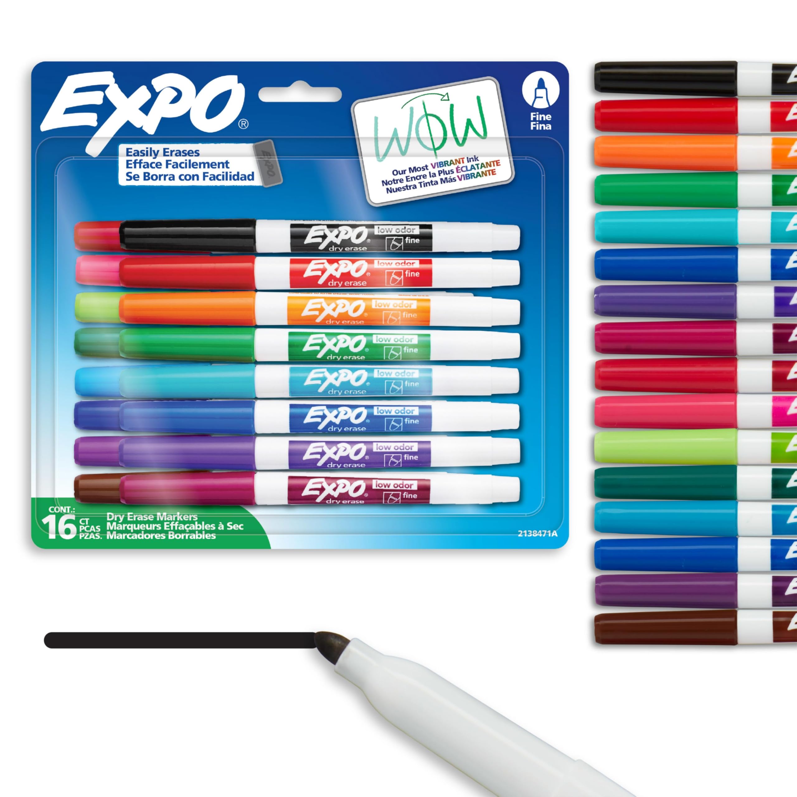 Expo Dry Erase Markers, Whiteboard Markers with Low Odour Ink, Fine Tip, Assorted Vibrant Colours, 16 Count