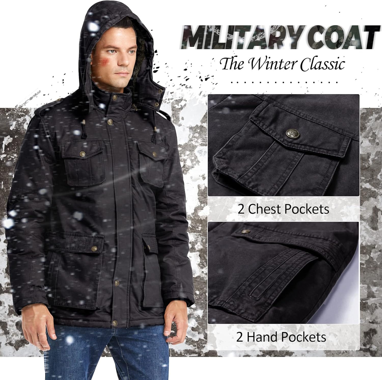 JYG Men's Winter Thicken Coat Casual Military Parka Jacket with Removable Hood - Image 4