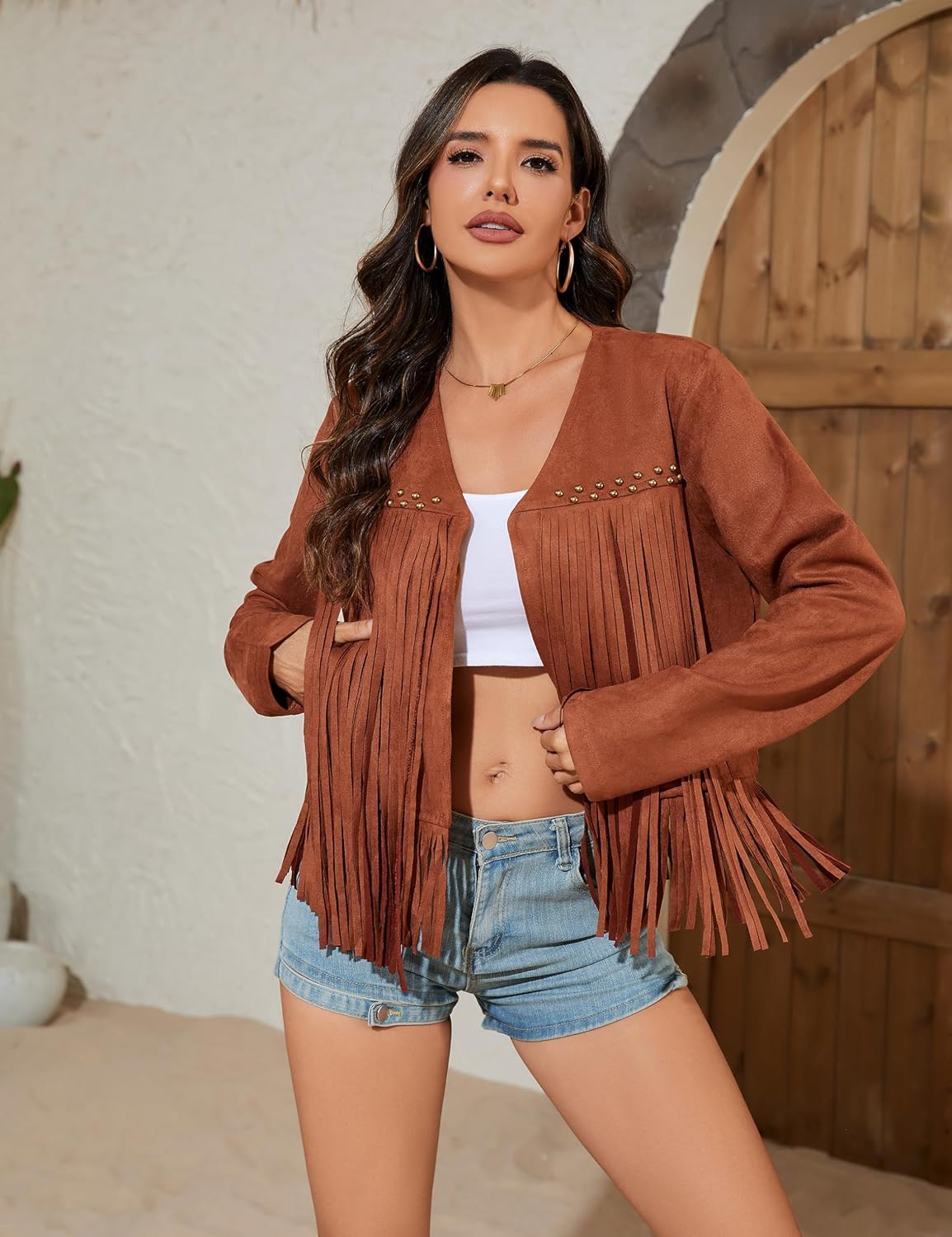 Leather Jacket Women Oversized Fringe Cropped Faux Suede Long Sleeve Western Cowgirl Motorcycle Coat with Pockets - Image 2