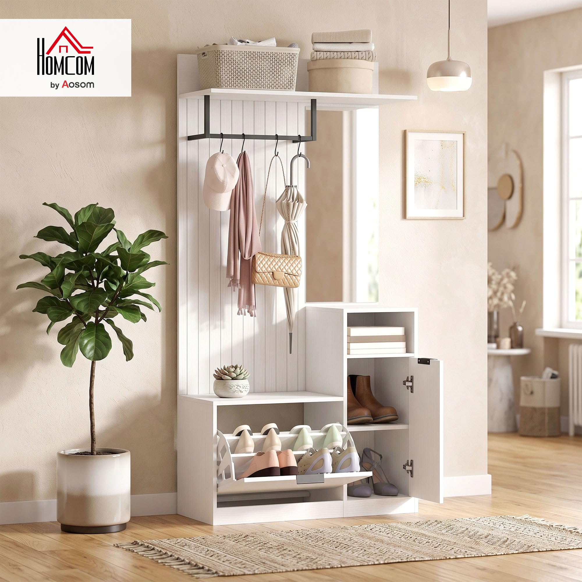 HOMCOM Porte-Manteau 6 en 1 Banc à Chaussures, Miroir, Blanc Effet Bois