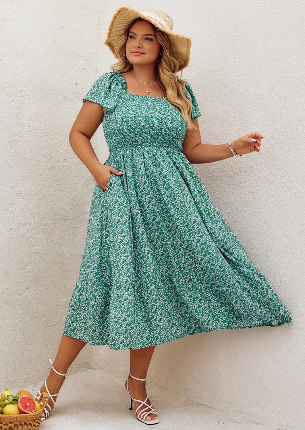 Hanna Nikole Women's Plus Size Summer Maxi Dress Short Sleeve Smocked Square Neck Casual Floral Flowy Dresses with Pockets - Image 4