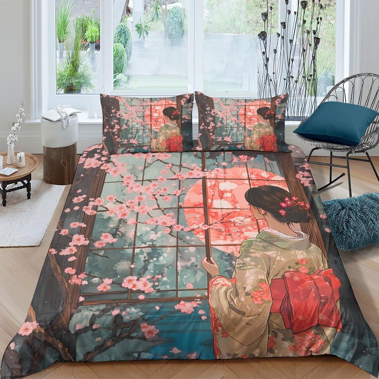 Ctjqhvkz Style-8 3D Printed Japanese Sakura Fitted Sheet Microfiber Soft Artistic Geisha Bed Cover For Bedroom Guest Room Decor Single（135X200cm）