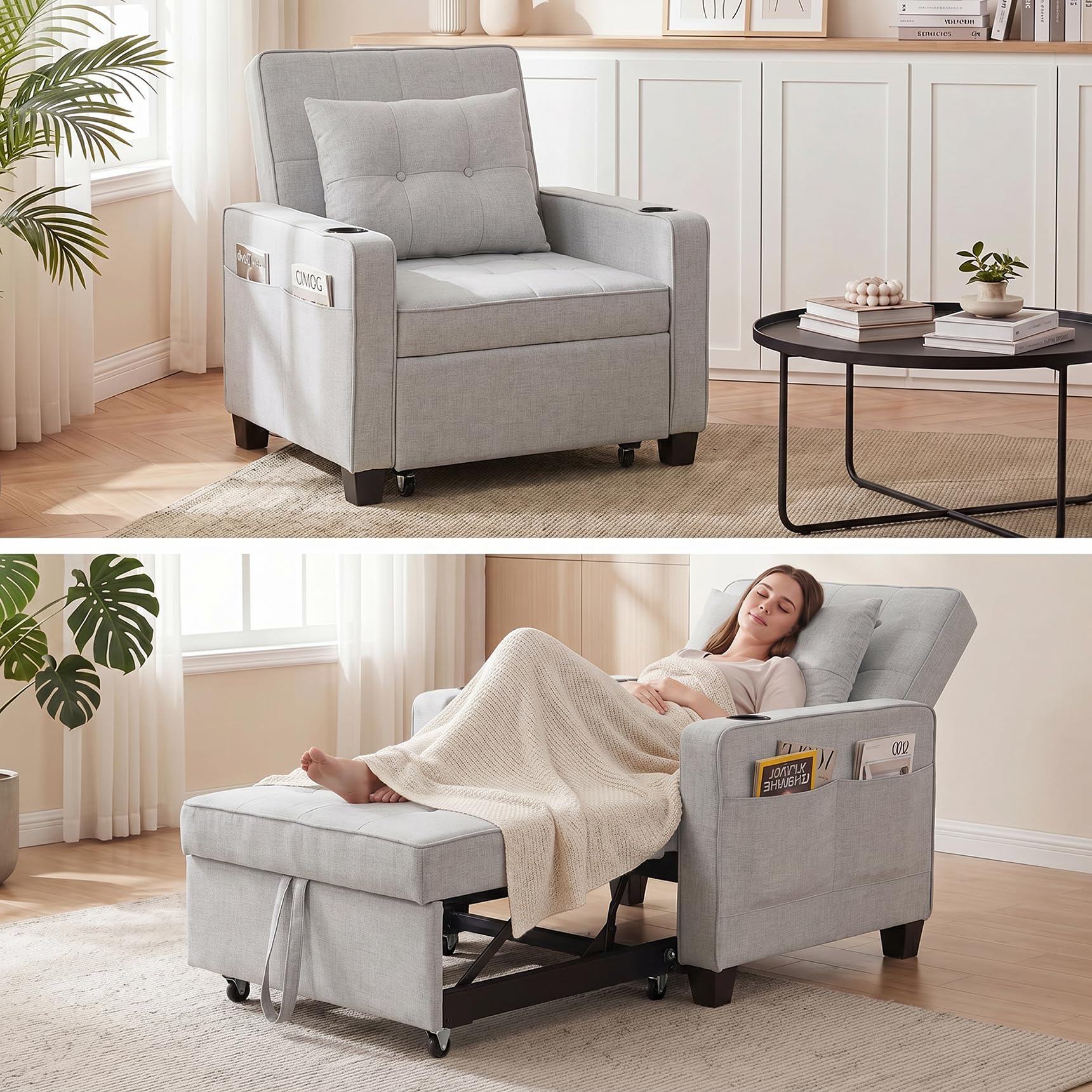 GRAVFORCE Sofa Bed Convertible 3 in 1 Sleeper Chair Bed with Adjustable Backrest Pull Out Sofa Single Sofa Bed Chairs for Small Space Living Room Light Gray — image 1