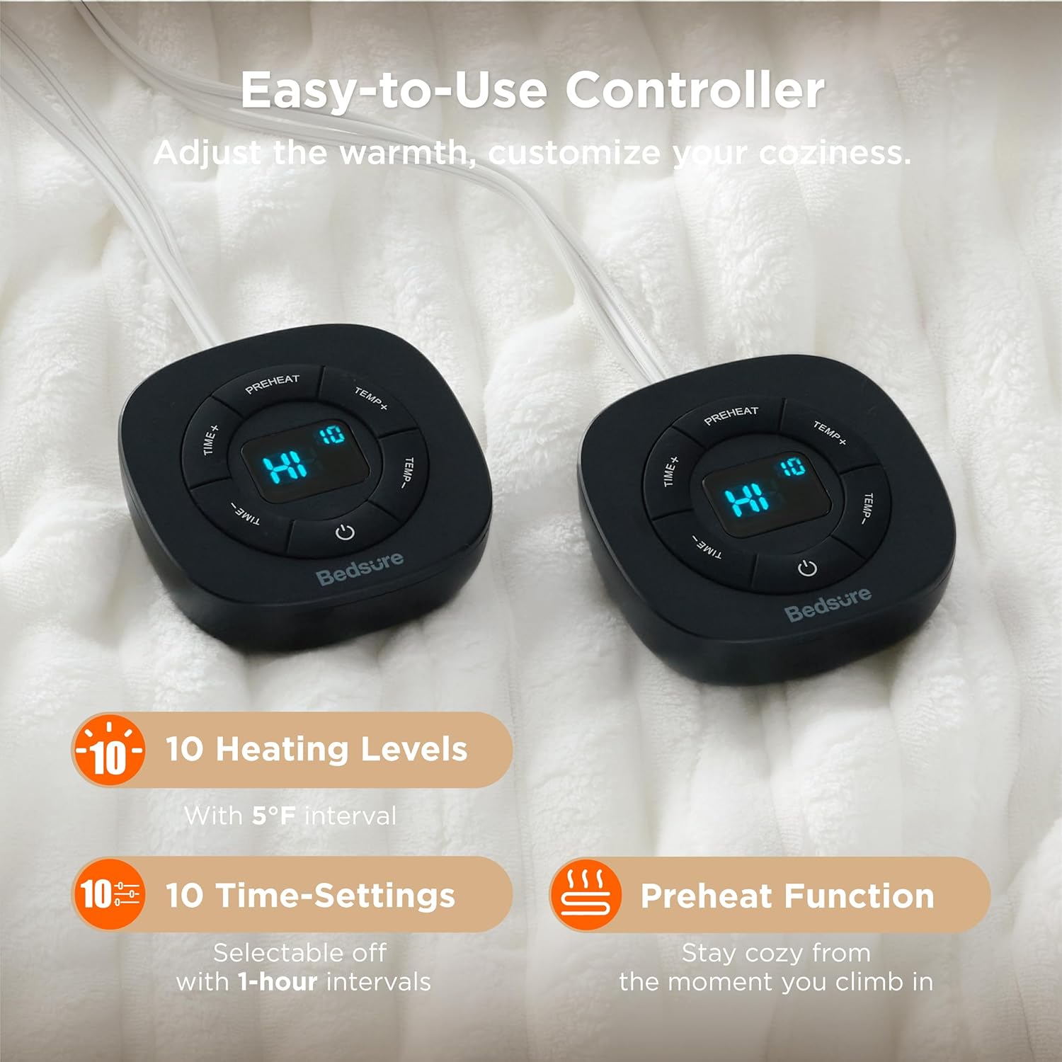 Bedsure Electric Blanket King Size - Thick Striped Flannel Electric Blanket with Dual Control, Heating with 10 Heat Settings & 10 Time Settings, 8 hrs Timer Auto Shut Off (90x100 inches, White) - Image 3