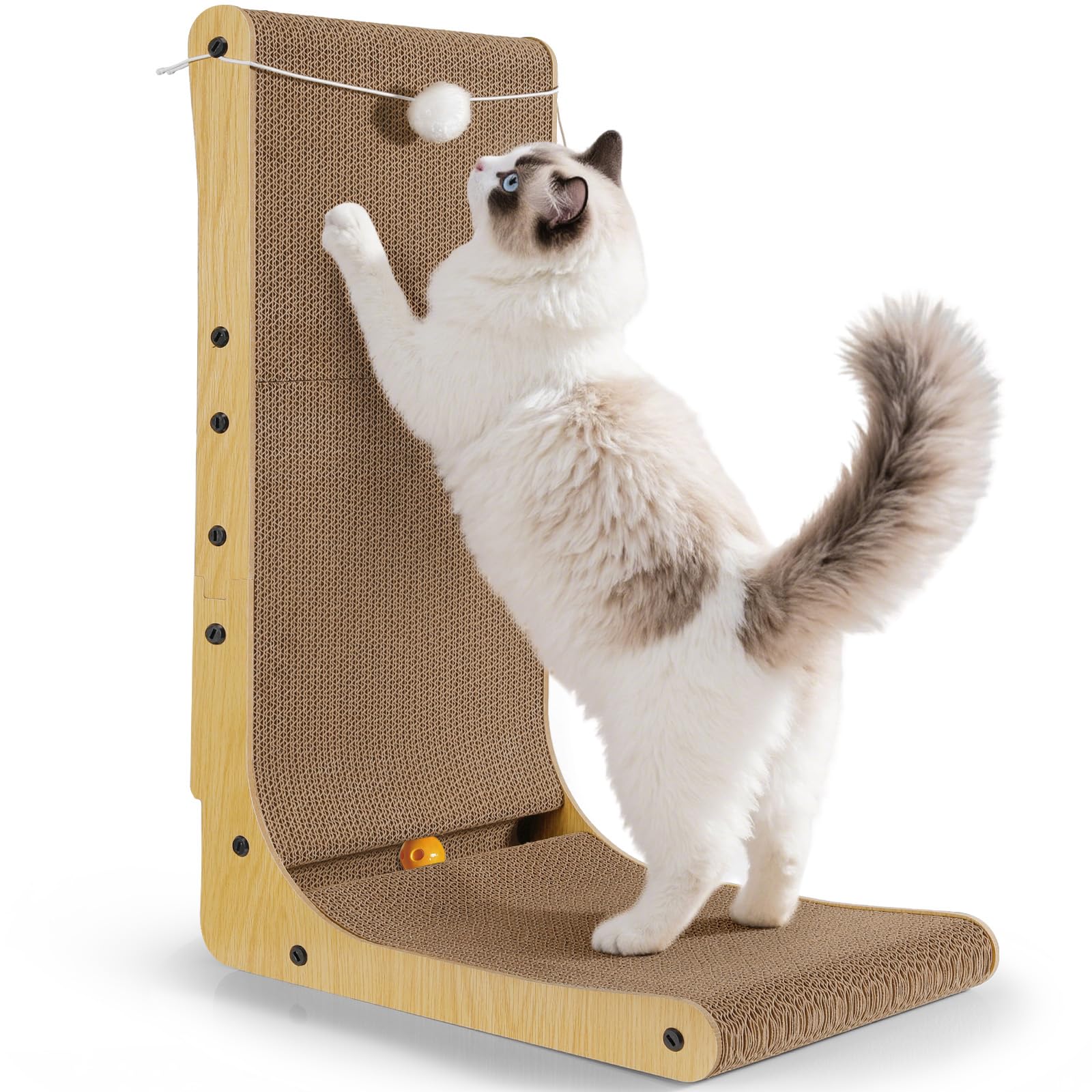 Gimars Thickened L Shape 68cm Cardboard Cat Scratcher with Bell Ball, Cat Scratching Board Wall Mounted, Cat Scratch Pad Toys for Protecting Furniture