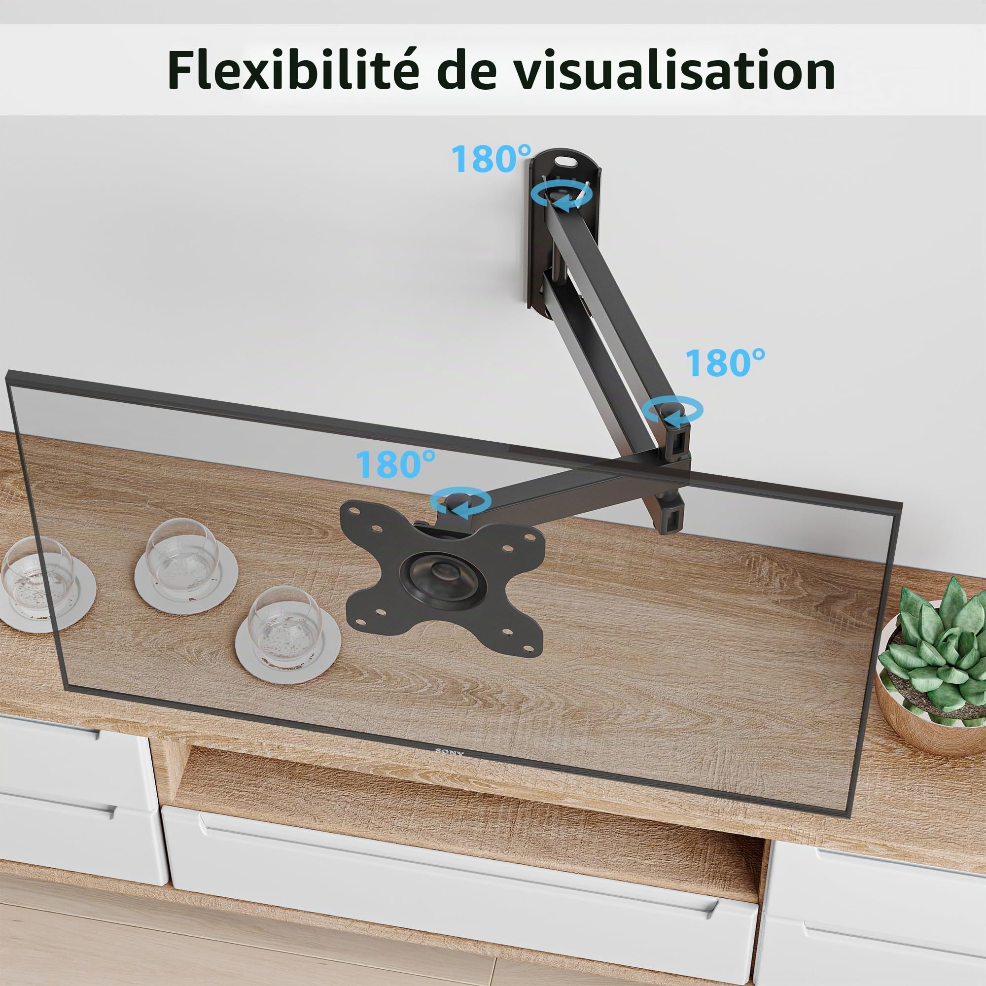 BONTEC Support TV Mural Orientable et Inclinable Universel pour Télévision et Moniteur 13-30 Pouces, Fixation Murale VESA 75x75/100x100mm, Charge Max 15kg, Extension 38.2cm, Facile à Installer