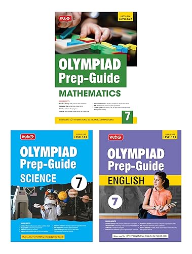 MTG Olympiad Prep-Guide Class-7 Mathematics, Science &amp; English (Set of 3 Books) - Detailed Theory, Self Test with IMO-NSO-IEO Chapterwise Previous Year Question Paper For SOF 2024-25 Exam
