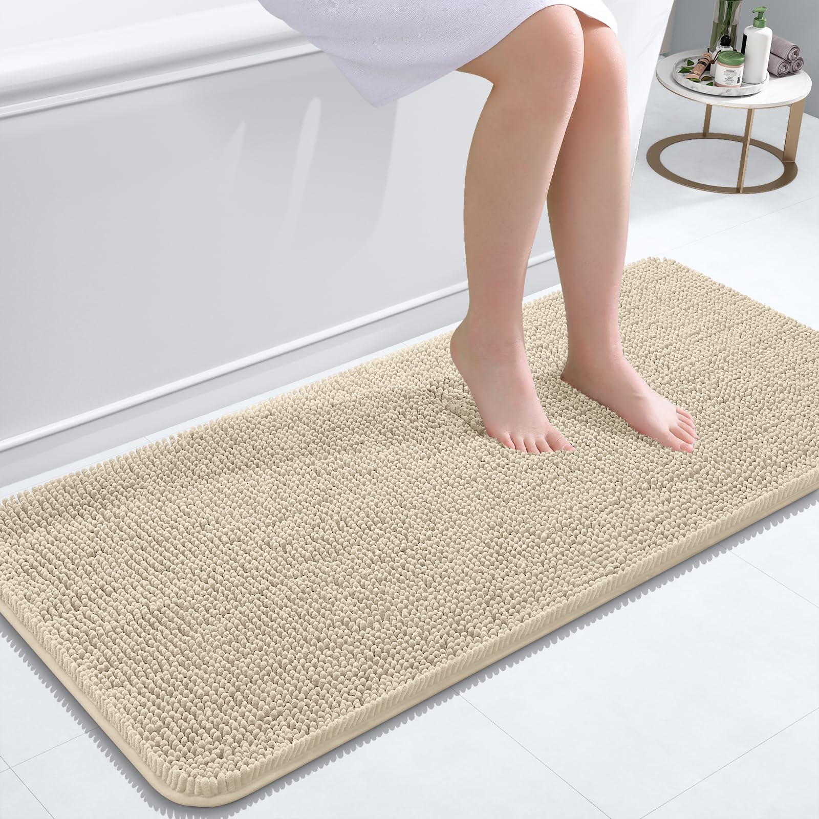 OLANLY Bathroom Runner Rugs 47x20, Extra Soft Absorbent Chenille Bath Rugs | Sand, Quick-Drying Rubber Backing, Machine Washable Long Bath Mat for Bathroom Floor, Tub and Shower, Home Decor Accessories