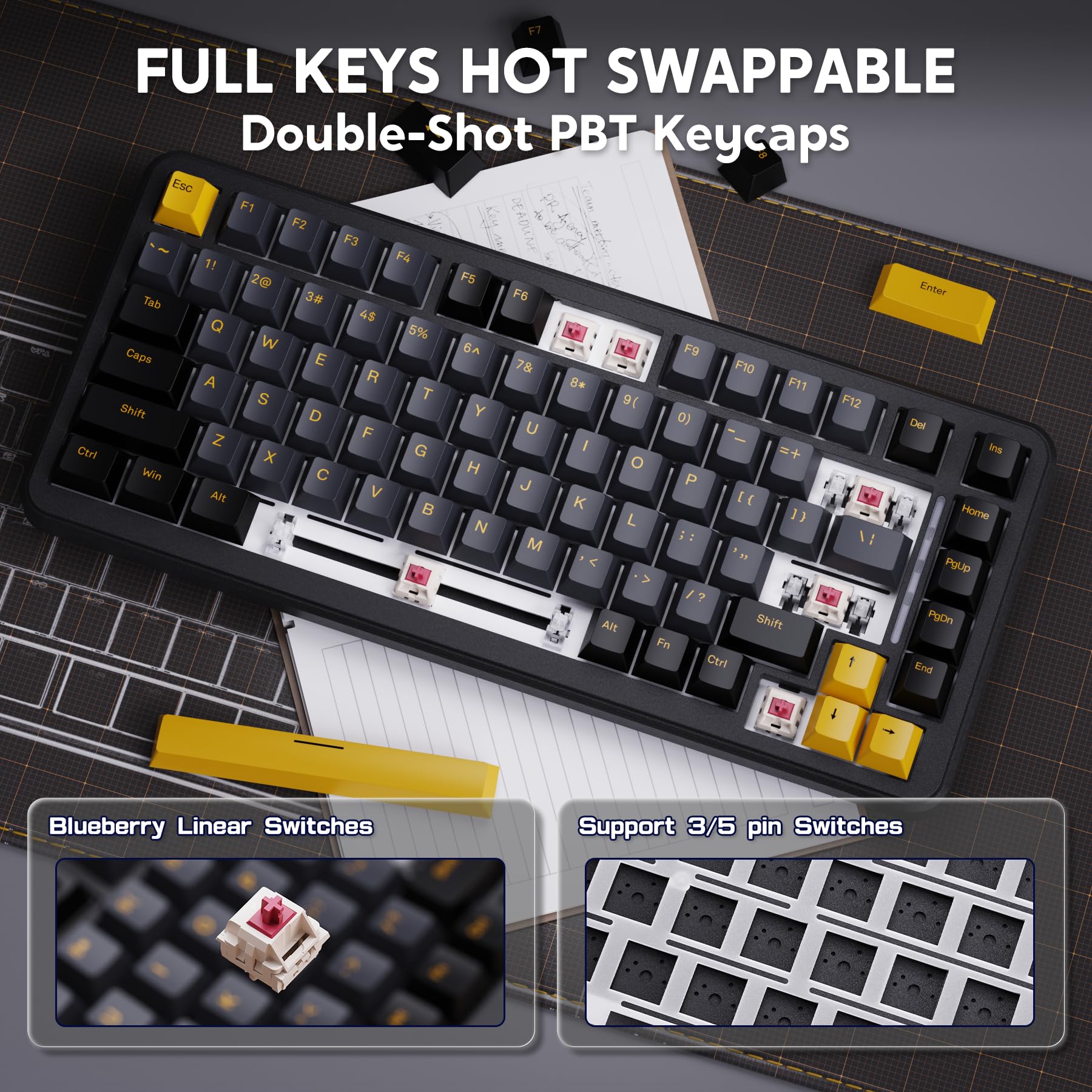 ATTACK SHARK M86 Teclado Mecánico Gasket, Teclado para Juegos RGB Inalámbrico Tri-Mode (BT/2.4G/USB-C) al 75%, Teclado Intercambiable en Caliente, Interruptores Lineales, 4000mAh - Queso Negro Frío