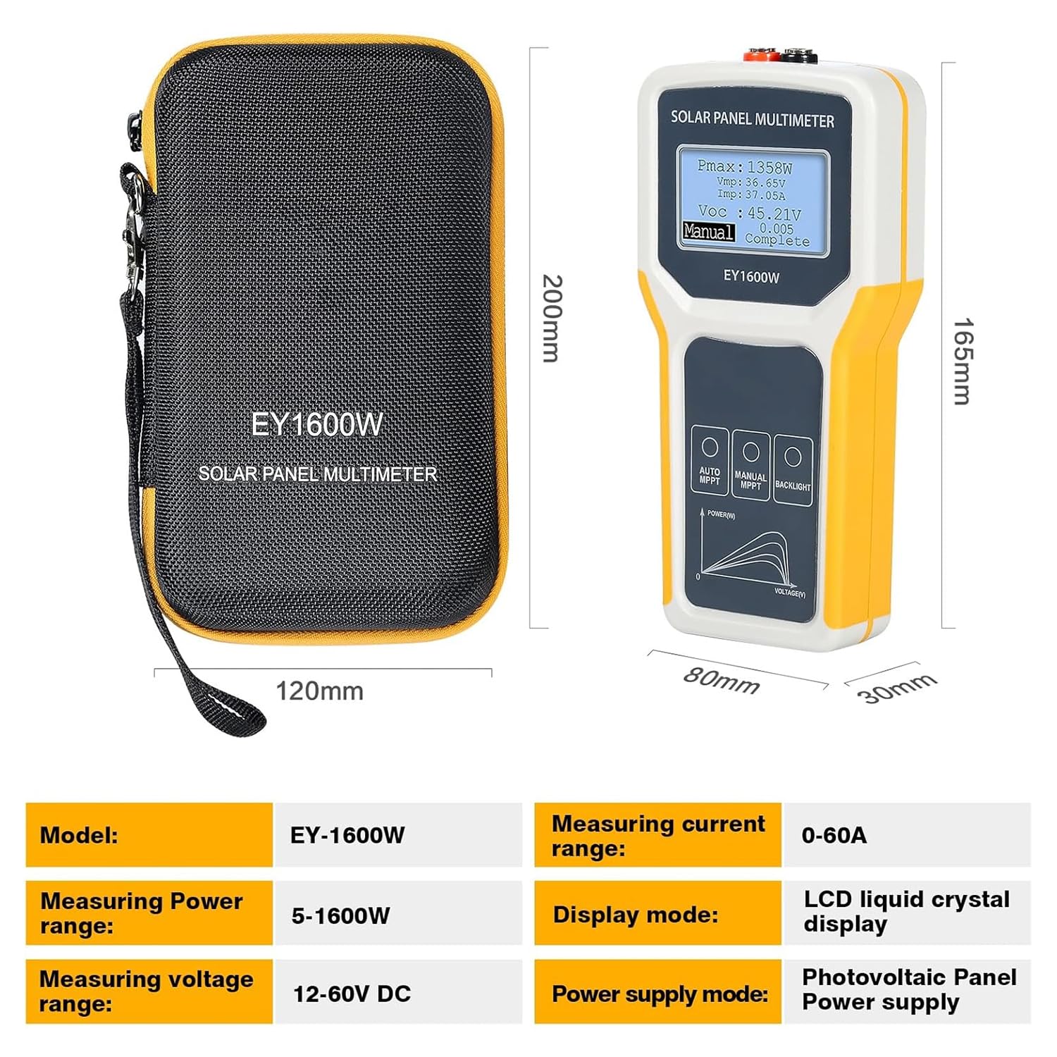 TsoLay Tester per Pannelli solari, multimetro per Pannelli fotovoltaici da 1600 W con Display LCD Ultra Chiaro, rilevamento Automatico MPPT, per guasto di Tensione a Circuito Aperto