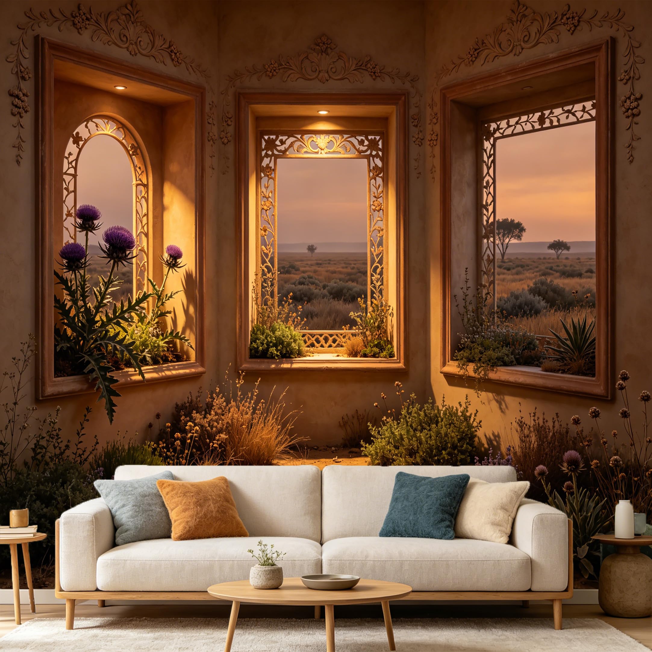 Custom Size Wall Mural， 3D Window View Desert Landscape， Sunset Prairie Scene， Neoclassical Arch， SelfAdhesive Art Prints wall Fabric Removable Large Wallpaper Home Living Room Decor