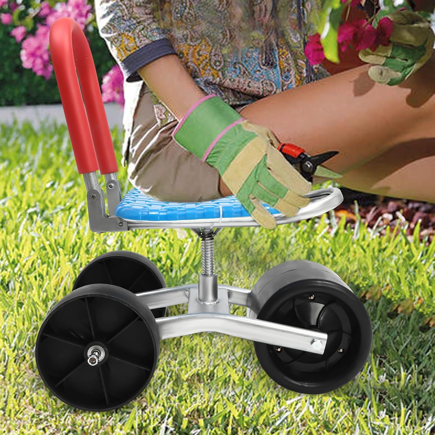 Garden Cart Rolling Workseat, Garden Seat with Wheels, Comfort Utility Stool, 360 Degree Swivel Seat Adjustable Height and Direction for Patio, Yard, Heavy Duty Gardening Stool