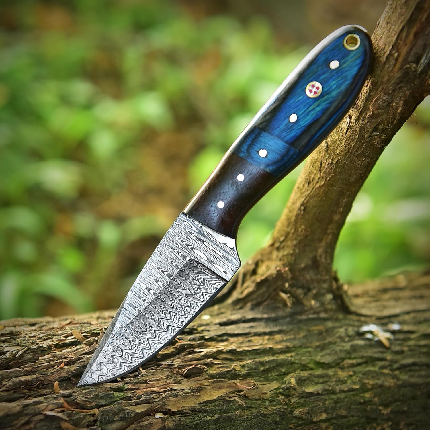 Hand Forged Damascus Steel Fixed Blade Hunting Knife, 8" Full Tang Bushcraft Skinning Knives with Leather Sheath, Scandi Outdoor Survival & Camping Tactical EDC Knive