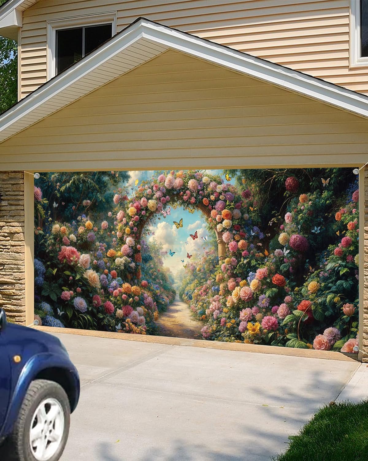 8X7FT Spring Garden Floral Garage Door Decoration Banner, Romantic Fairytale Forest Flower Butterfly Wonderland Garage Door Cover Outdoor Wedding Birthday Party Decor Banner