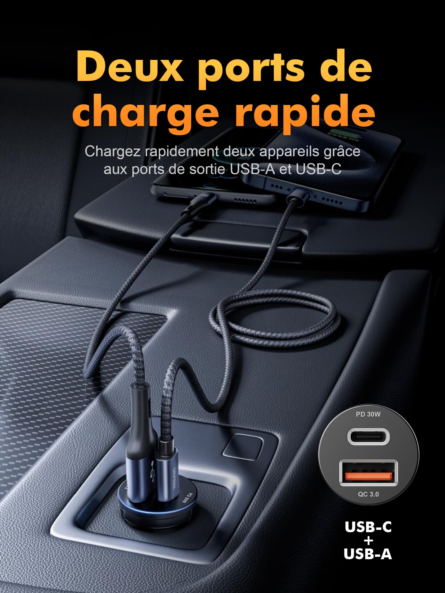 GRIFEMA Chargeur Allume Cigare USB C 30W, Chargeur Voiture Rapide Double Port avec USB-C PD 30W et USB-A QC 3.0 18W, Prise Allume Cigare 12V pour iPhone 16 15 14, Samsung, iPad–Boîtier en Aluminium