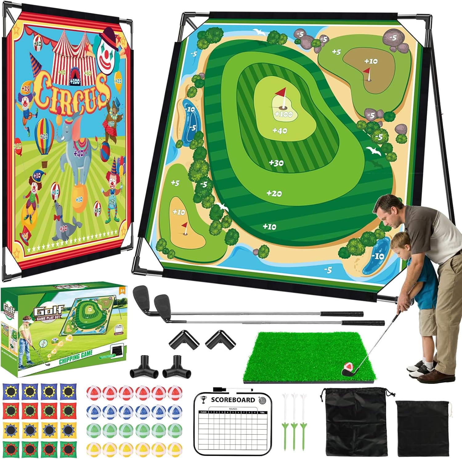 Golf Chipping Game Toy Set, 70'' x 70'' Adjustable Golf Practice Mat Set with 20 Sticky Balls for Indoor Outdoor Training & Family Fun, 5-12 Years Kids Golf Gifts, Velcro Golf Chipping Games for Yard