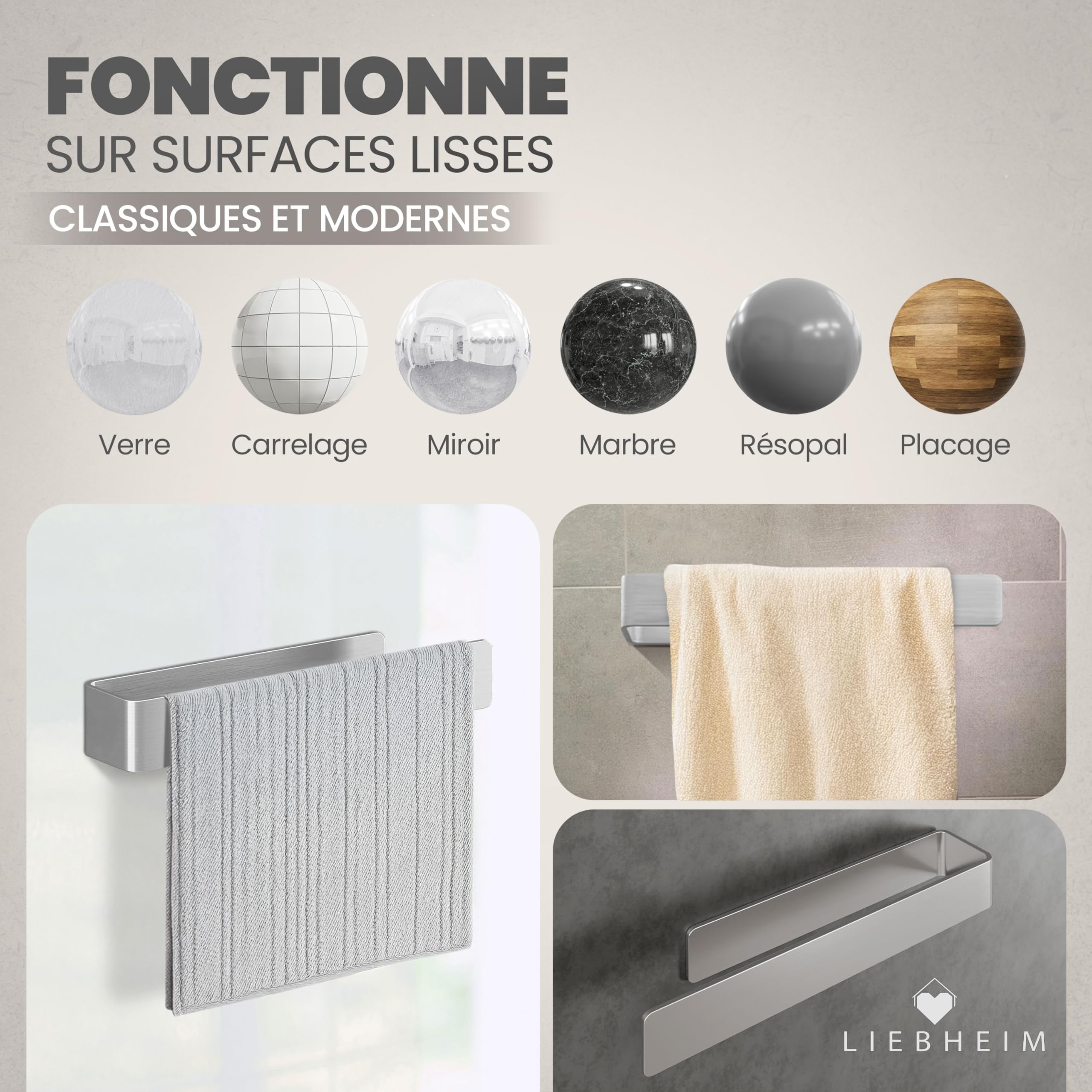 LIEBHEIM Porte-Serviette Salle de Bain - Porte Serviette Mural sans Percage - Support Serviette Salle de Bain - Porte Torchon (Acier Inoxydable Brossé 22 cm)