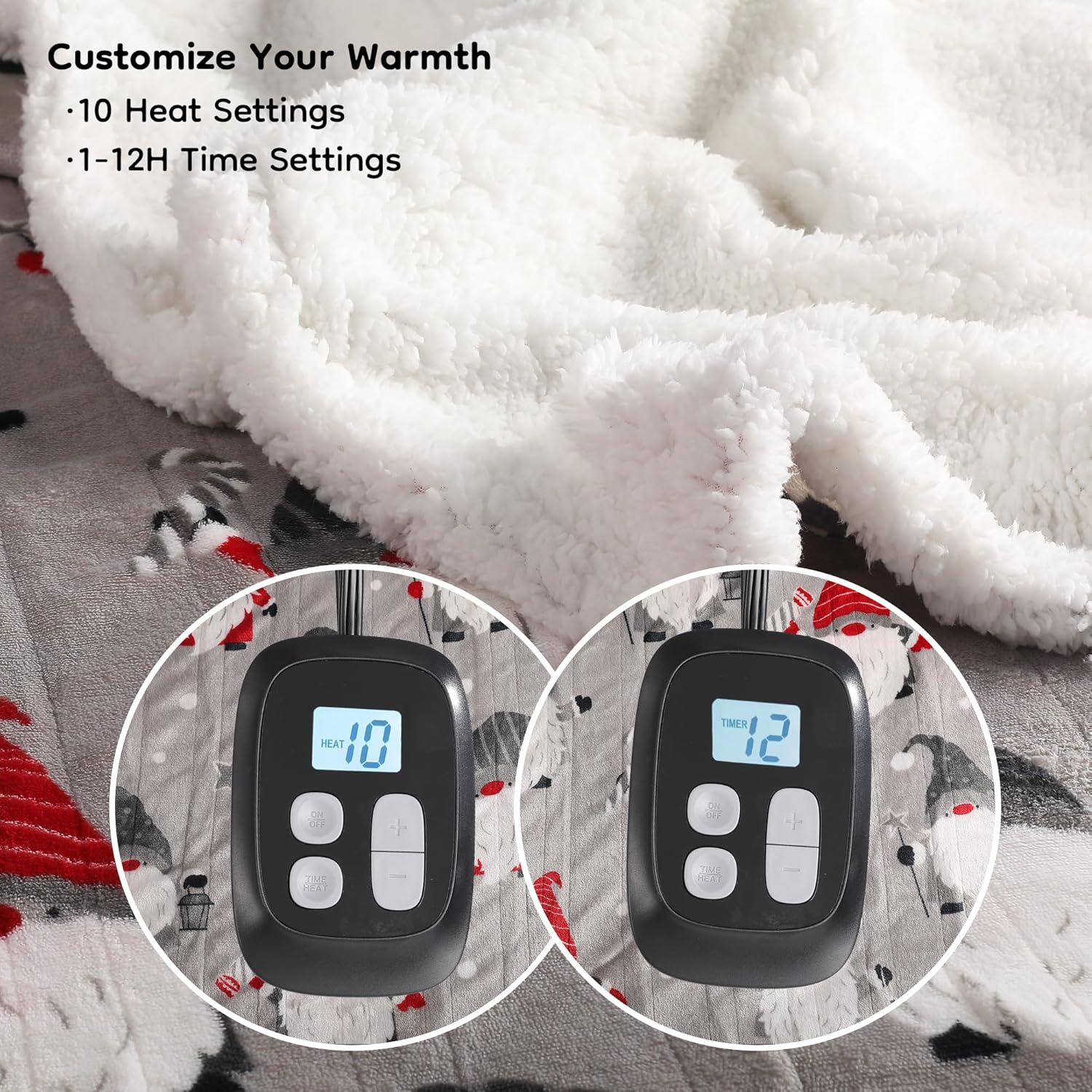 Electric Heated Blanket Queen Size - 84"x90", 10 Heating Levels, 1-12 H Auto Shut Off, Dual Controllers, Breathable Flannel Warm and Washable for Bed, Santa Claus for Christmas - Image 3