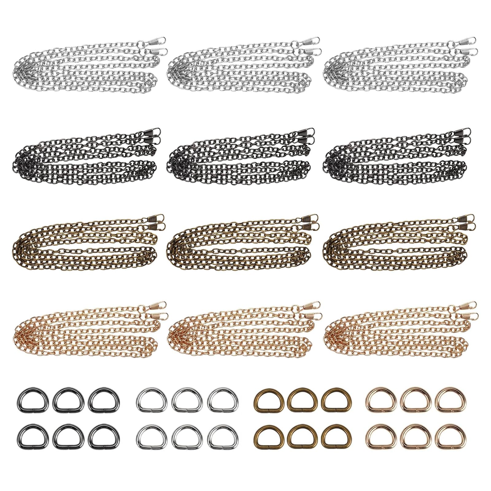 JIAC 12 Piezas Cadenas para Bolsos Viene con 12 Cadena de Repuesto para Bolso,24 Anillos en D Correa de Cadena 120cm para Bolso de Hombro Cartera Bandolera(Bronce/Color Pistola/Oro Claro/Plata)