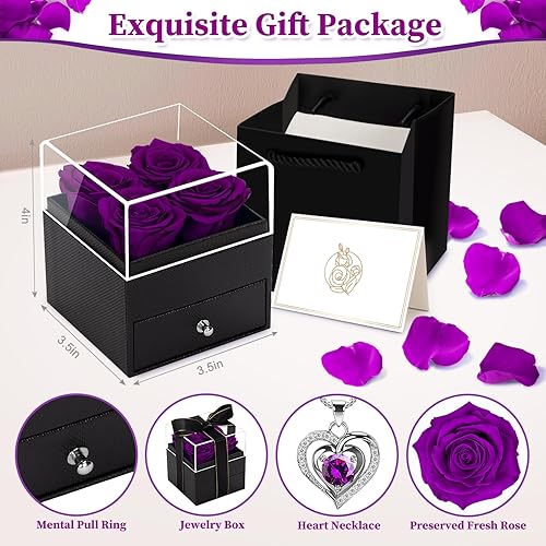 Miniatura 2 de Regalos para el día de San Valentín para ella, 4 rosas eternas en caja cuadrada con collar, rosas eternas de San Valentín, regalo de flores