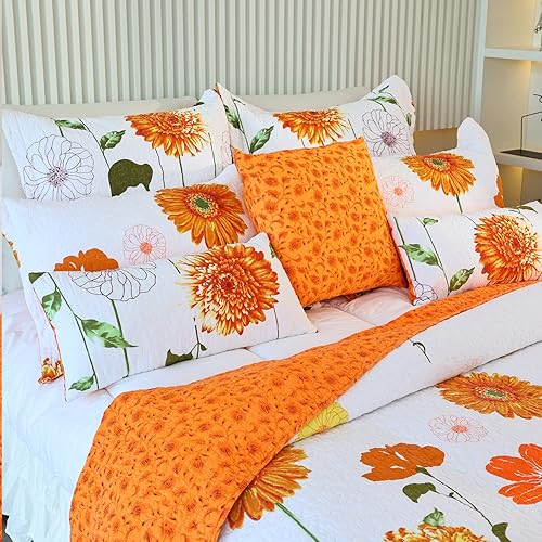 Miniatura 3 de EVENHUG Juego de 2 fundas de almohada acolchadas de girasol naranja, fundas de almohada florales a juego con decoración de ropa de cama (18 x 18
