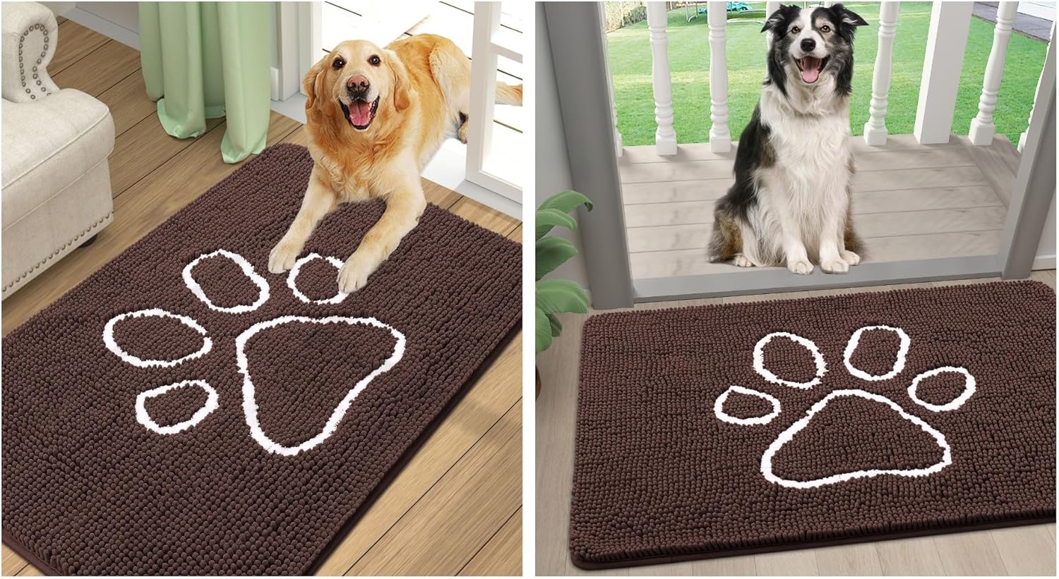 Smiry Dog Door Mat for Muddy Paws, Absorbent Dirt Trapper Non-Slip Washable Mat for Front Indoor Entrance, Quick Dry Chenille (36x24+24x16 Inches, Brown)