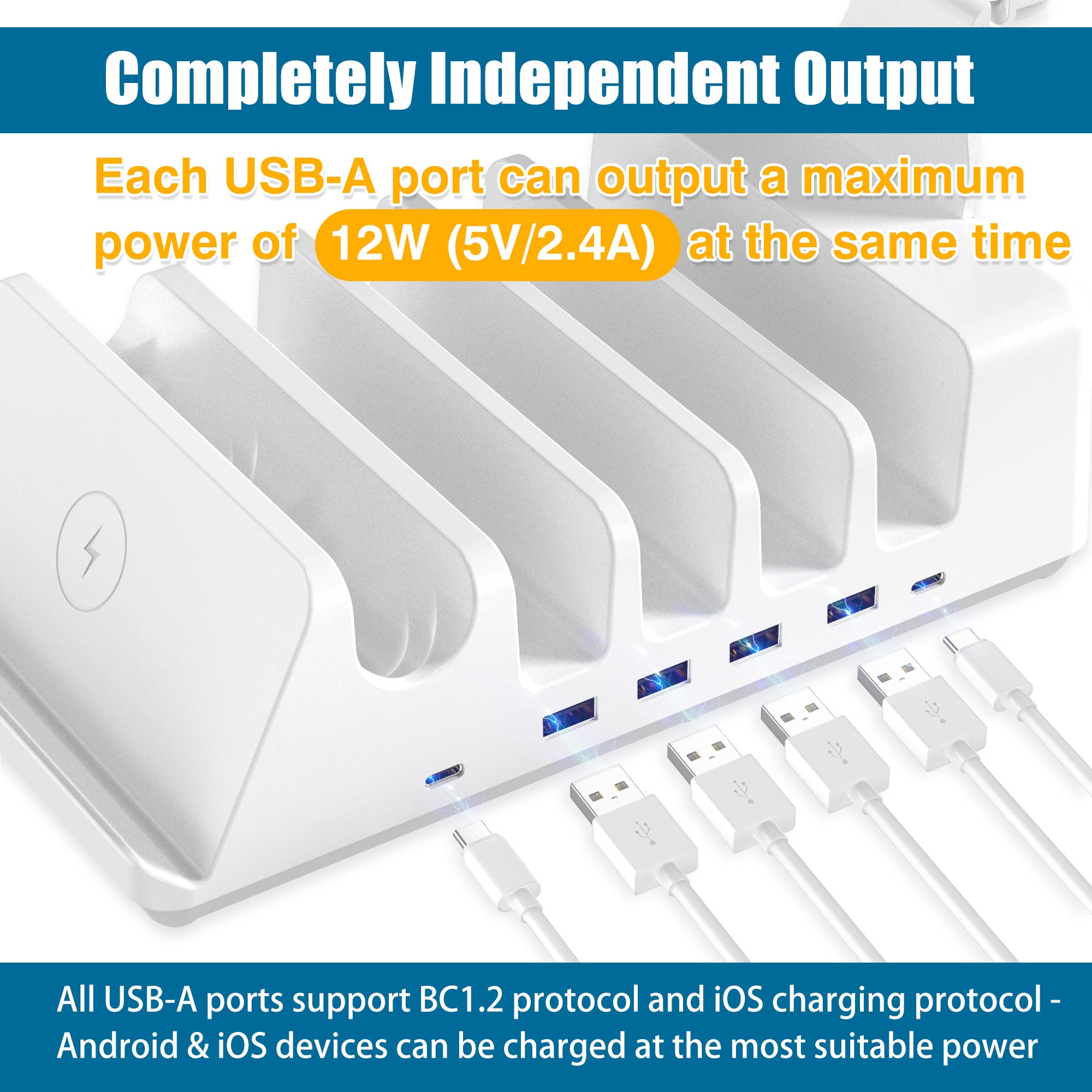 AGVEE Estación de carga multiUSB 7 en 1 de 140 W con múltiples cables, 3 bases de carga inalámbricas para iPad, teléfono, teléfono celular, tableta Android, múltiples dispositivos, color blanco