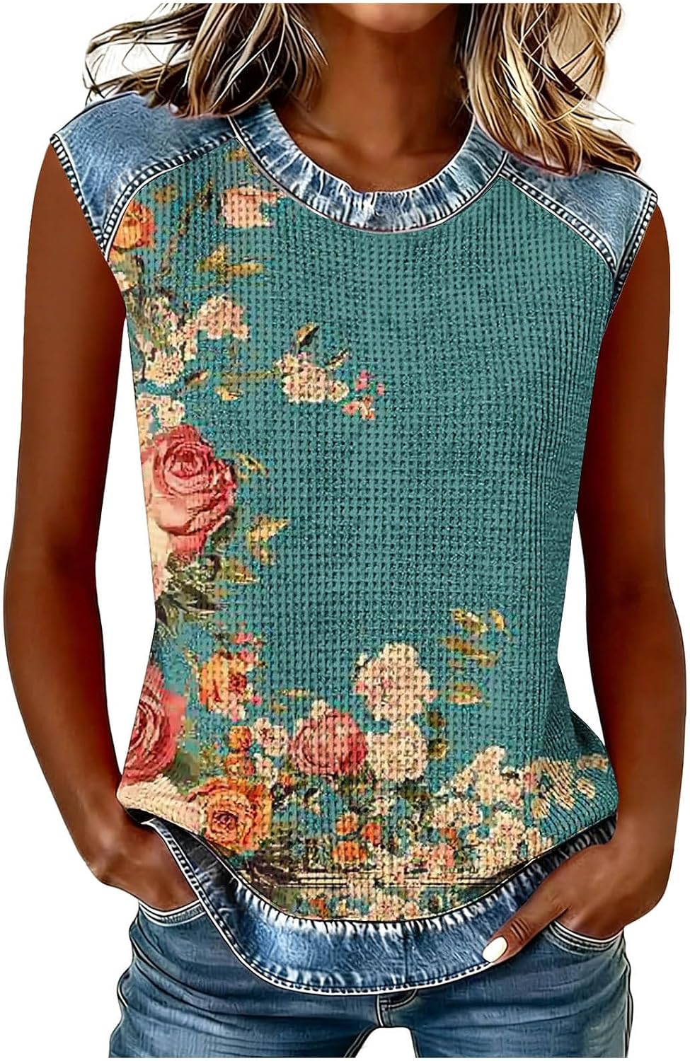 Women’s Polka Dot Waffle Knit Tank Tops 2026 Outfits Casual Summer Tops Loose Fit Denim Trim Raglan Sleeve Basic Tee