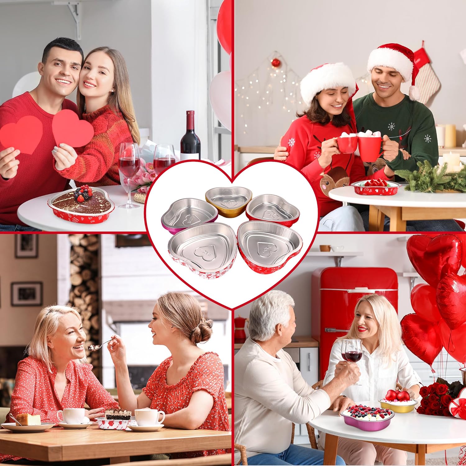 yeload 24 Pack 8 Inch Heart Shaped Cake Pans with Lids, 23oz Large Disposable Foil Heart Pans for Valentine's & Mother's Day, Aluminum Heart Cake Pans, Valentine's Day Baking Kit (Red)