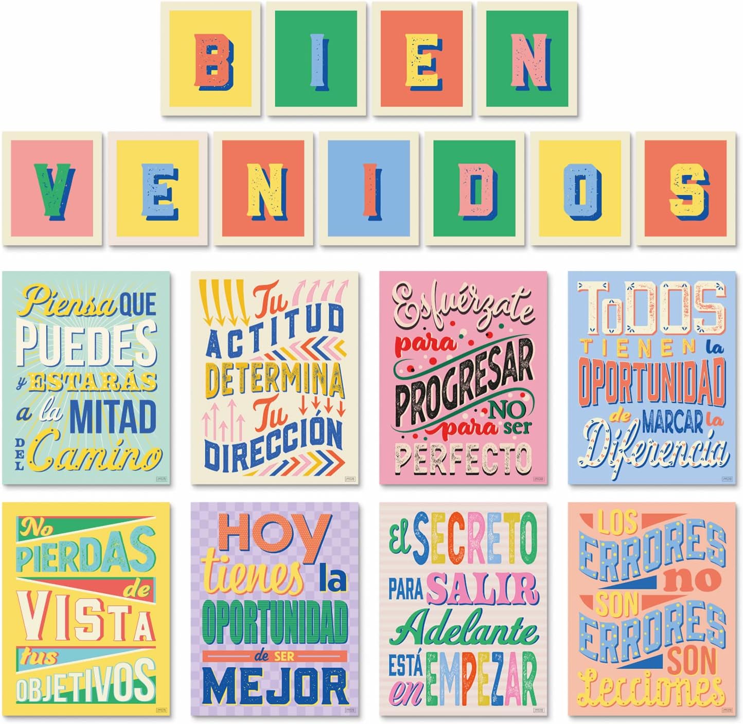 Set of 8 Motivational Posters in Spanish & BIENVENIDOS Letters for Teachers & Students - Language Charts That Inspire - Laminated Growth Mindset Banners for Classroom - 11"x14"