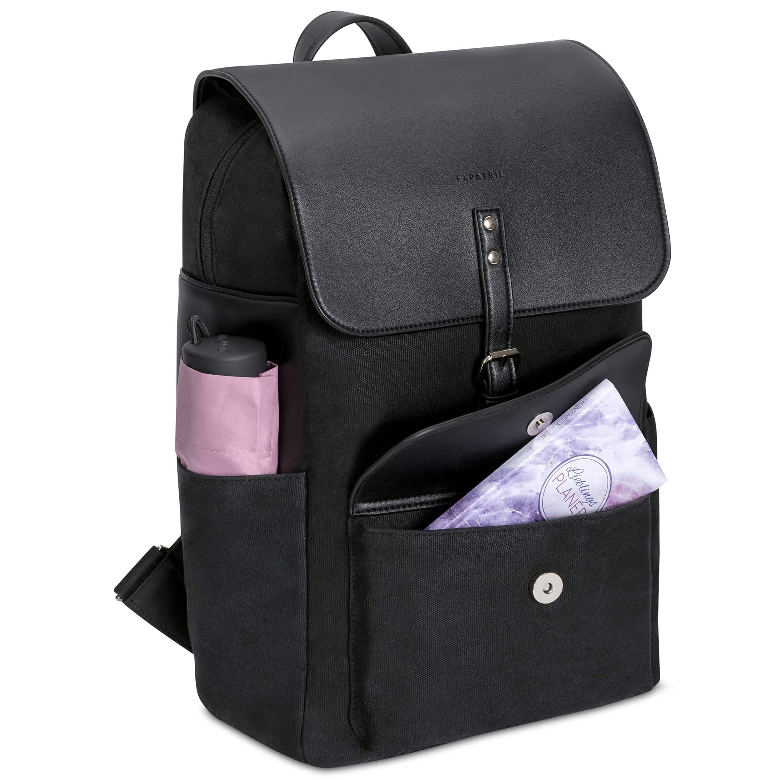 Expatrié Zaino da Donna Ella Nero - in Tela di Cotone ed Ecopelle - Zainetto Elegante ideale per Ufficio da 15l con Chiusura Magnetica e Zip