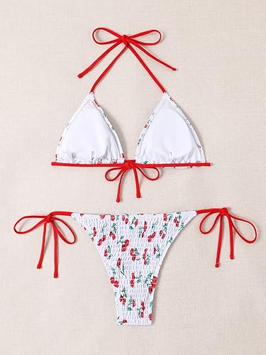 Miniatura 2 de WDIRARA Conjunto de bikini halter con lazo lateral para mujer, traje de baño de dos piezas con cuello en V y lazo en la espalda