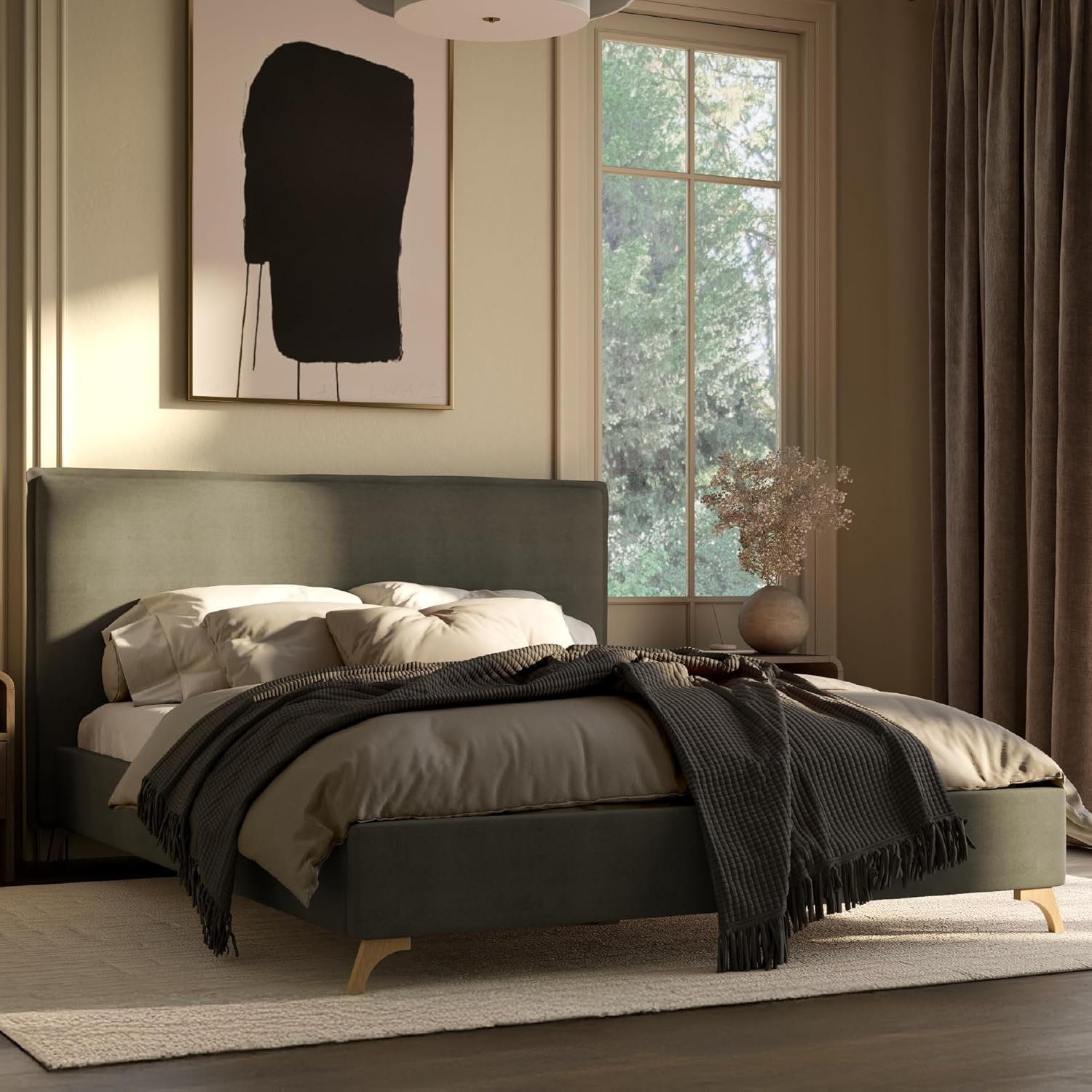 DG Casa Lottie Green Flange Edge Bed Frame with Headboard – Queen Size Bed Upholstered Olive Fabric – Knife Edge Seams – No Box Spring Required
