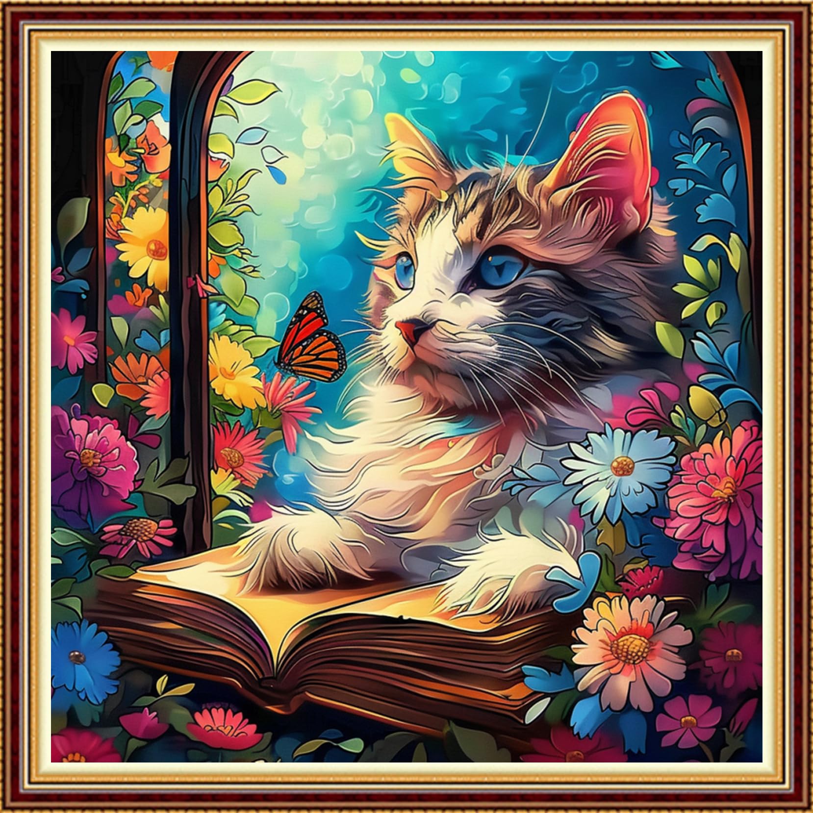 Fanxvivy Stamped Counted Cross Stitch Kits for Adults Printed Cross-Stitch Patterns 11CT Stamped or Counted Cross Stitching Embroidery Kit Needlepoint Kits-Cat Reading 18x18 inch