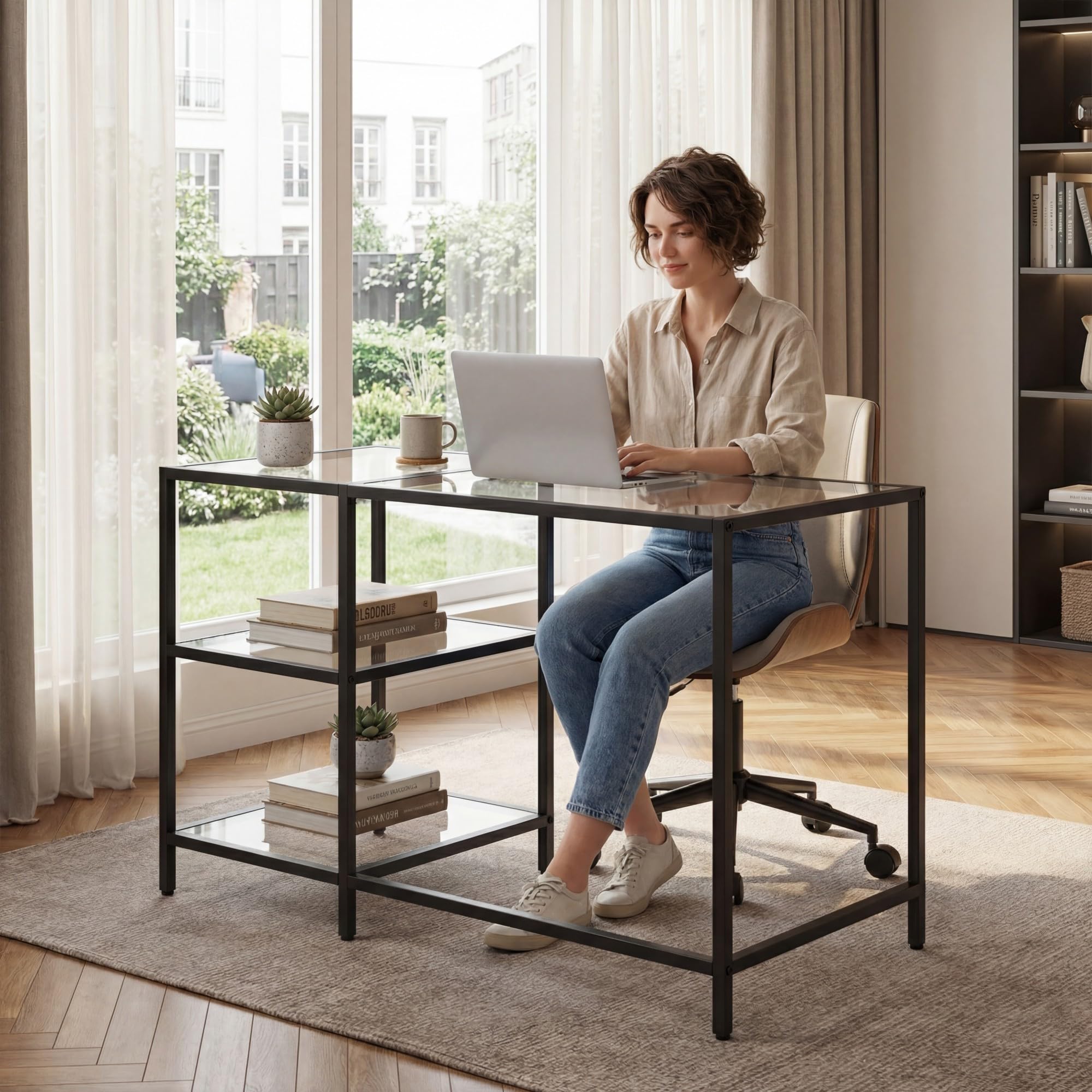 RELAX4LIFE Scrivania in Vetro Temperato, Scrivania per Computer con 2 Ripiani Aperti e Struttura in Metallo, Tavolo Consolle Moderno per Soggiorno, Ufficio e Studio, 106 x 51 x 77,5 cm (Nero)