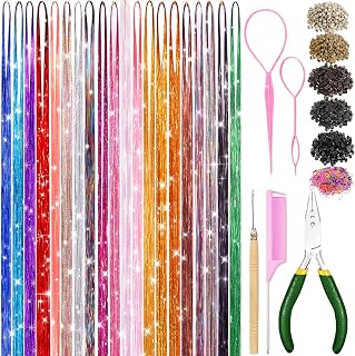 Hair Tinsel Kit With Tools Fairy Glitter Tinsel Hair Extensions for Girls | 20 Colors 48 Inch 9600 Strands Sparkling Holographic Hair Tinsel Heat Resistant Hair Accessories for Women Party Christmas