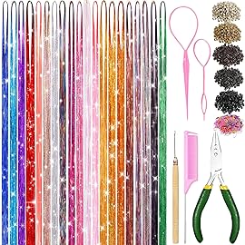 Hair Tinsel Kit With Tool 8600 strands Tinsel Hair Extensions 20 Colors Fairy Hair Tinsel, Sparkling Shiny Hair Tinsel Heat Resistant Highlights Glitter (48 inch)
