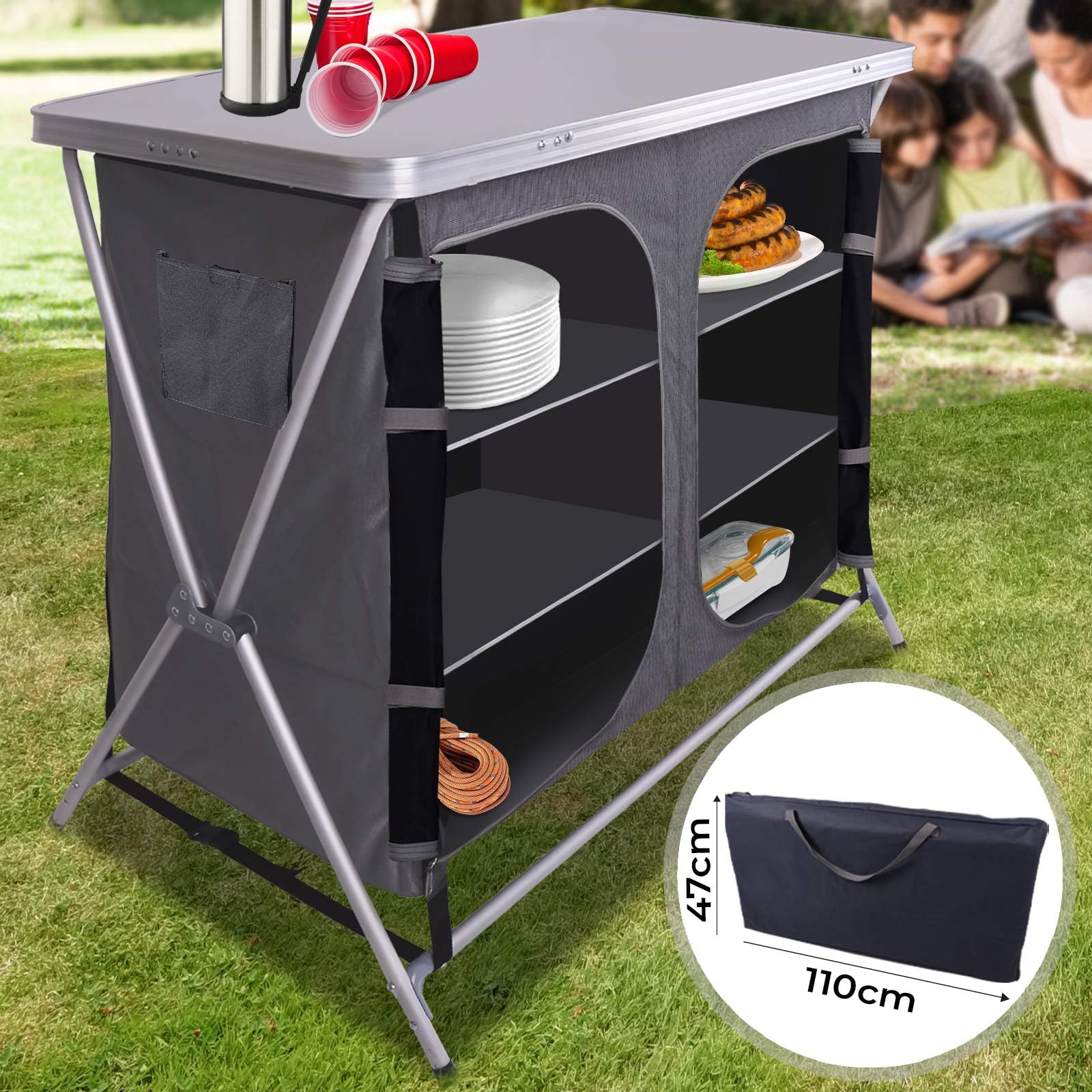 MIADOMODO Outdoor Kitchen - 6 storage compartments, Storage bag included, Black-Silver - Camping Field Kitchen Worktop Table Stand