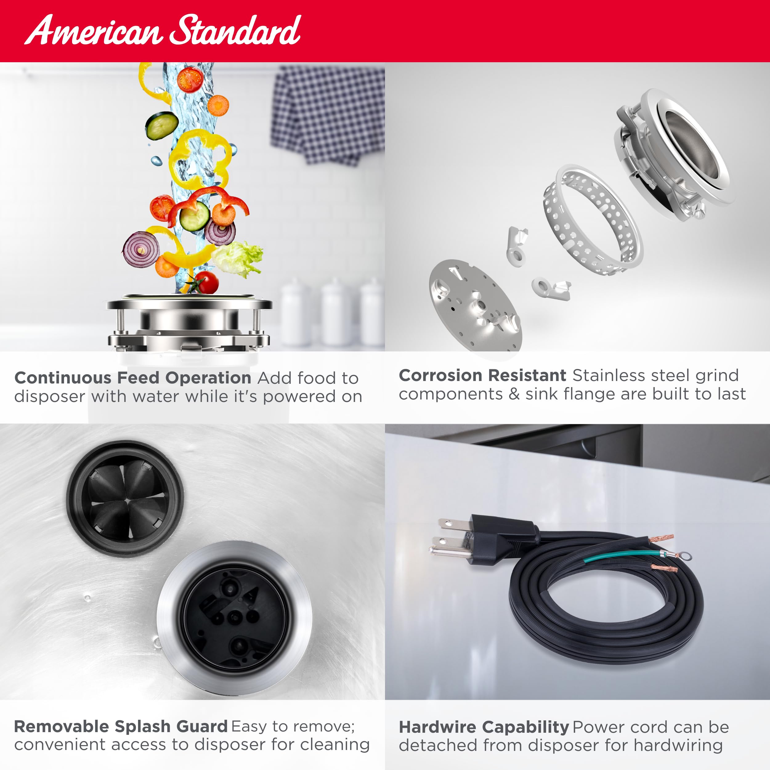 American Standard 10-US-AS-3 Sistema de molienda de residuos de alimentos de acero inoxidable antiatascos para eliminación de basura, negro