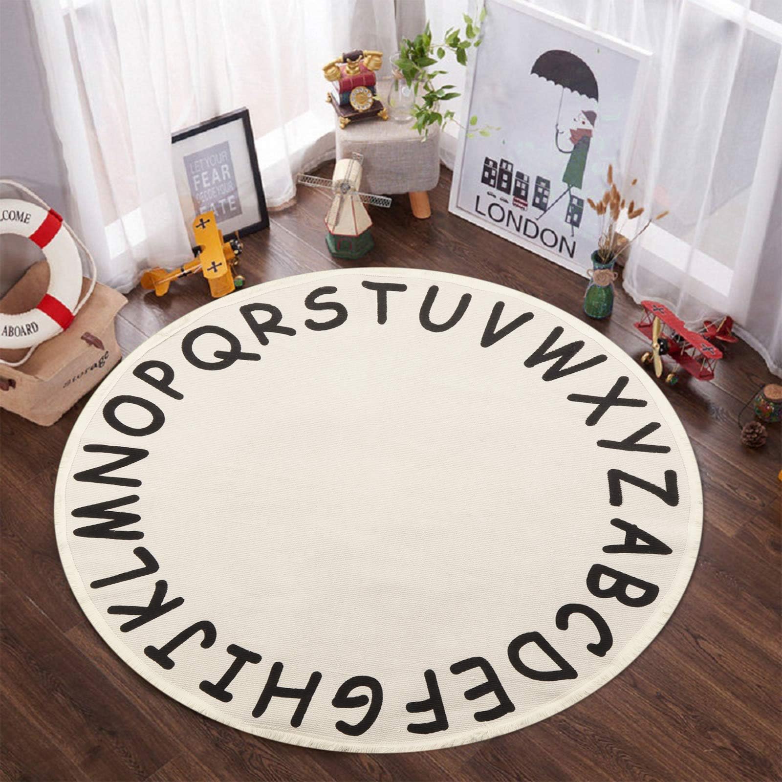 ABC Kids Round Rug,4ft Cream Alphabet Cotton Baby Play Mat with Tassels Soft Educational Washable Carpet Nursery Teepee Tent Play Mat for Toddler Room Bedroom Living Room