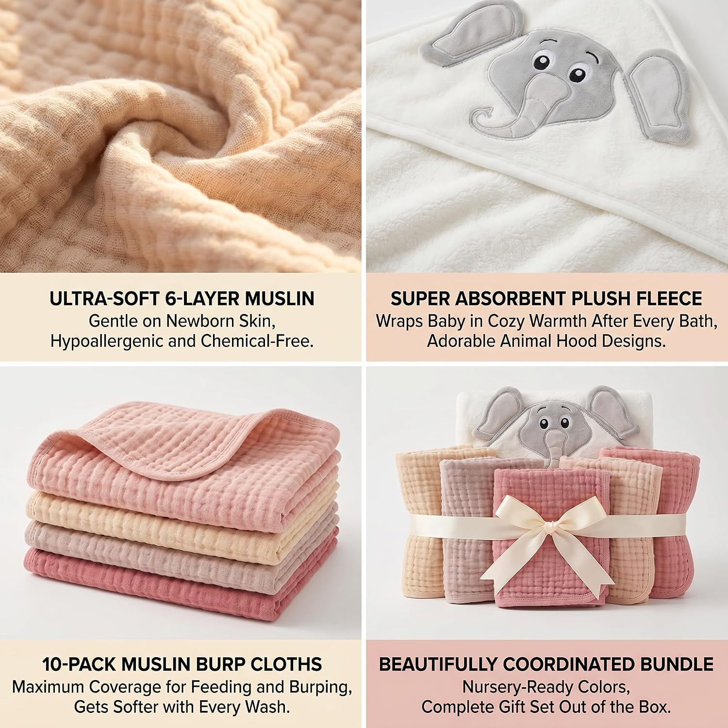 Grove Baby Essentials – 10pc Burp Cloths with 6pc Washcloth & Hooded Bath Towel